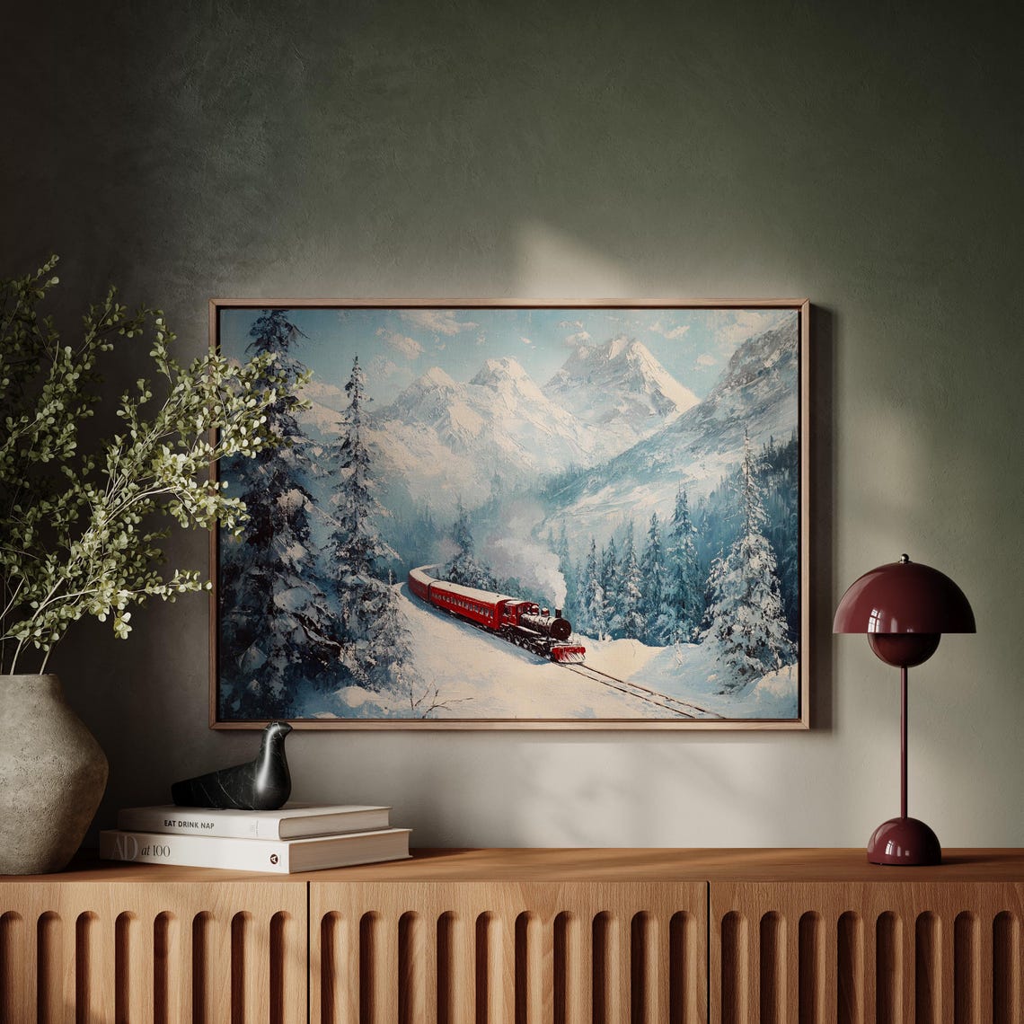 Red Steam Train In Snowy Mountain Forest Winter Landscape Poster - Image 5