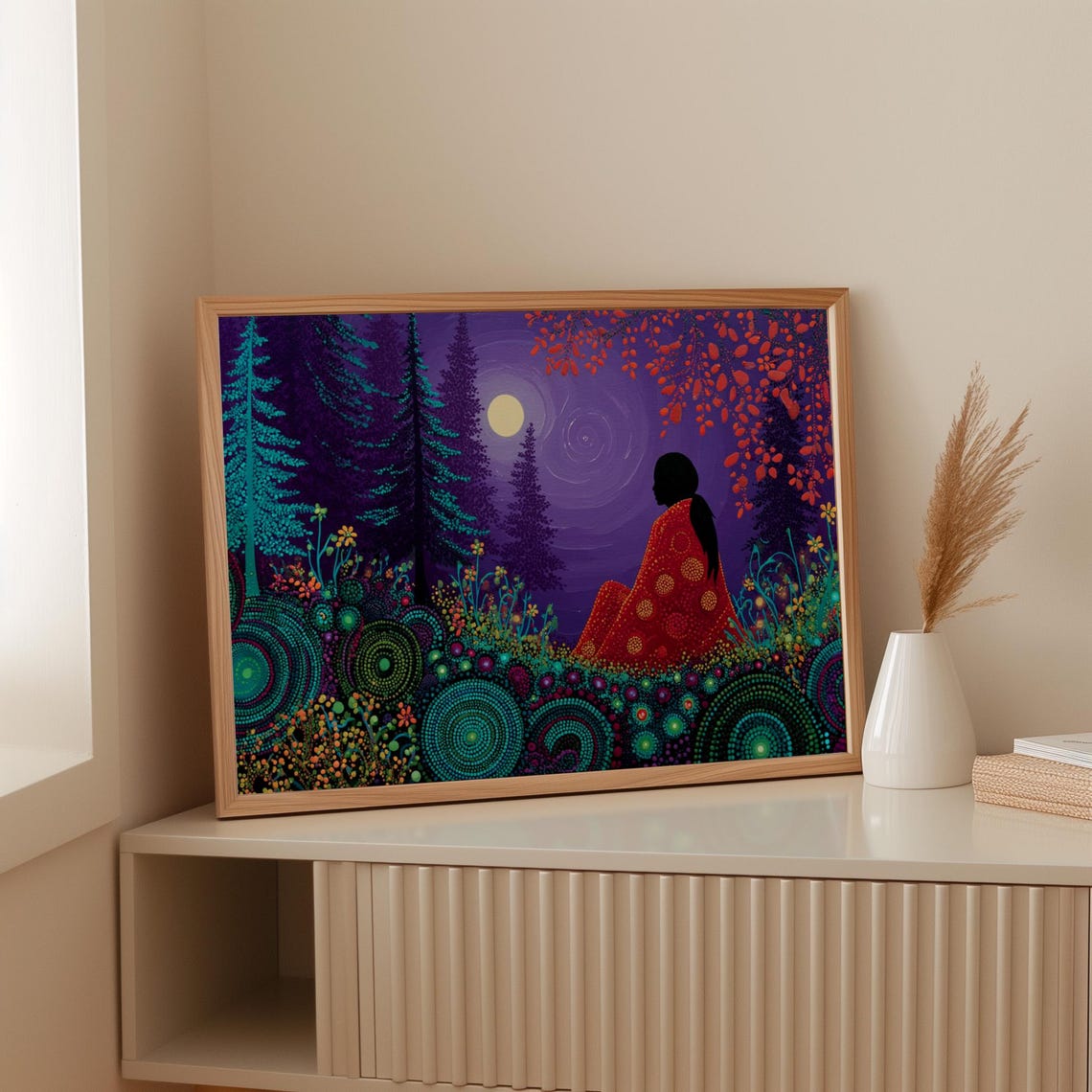 Woman Wrapped In Blanket Under Moonlit Forest Night Art Poster