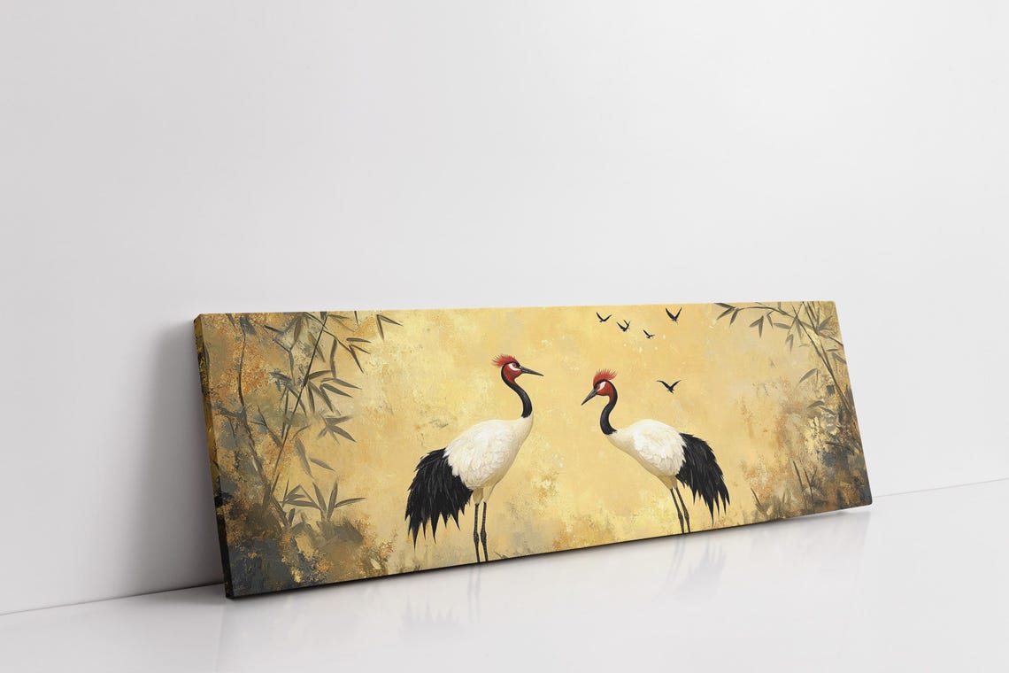 Red Crowned Cranes Facing Each Other Golden Japanese Bamboo Art Poster - Image 7