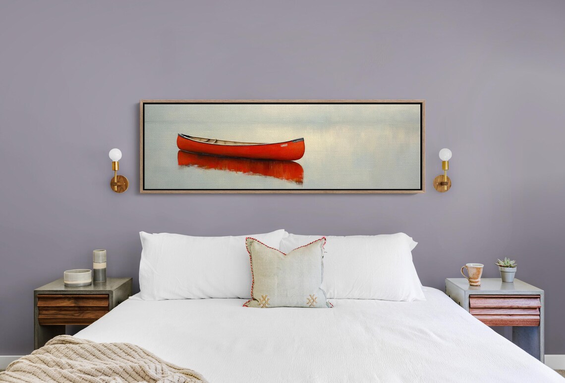 Red Canoe Misty Lake Serene Gray Blue Minimalist Water Poster - Image 4
