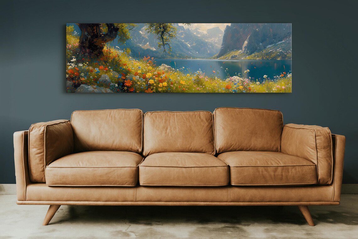 Wildflowers Mountains and Lake Oil-Style Art Print - Image 6