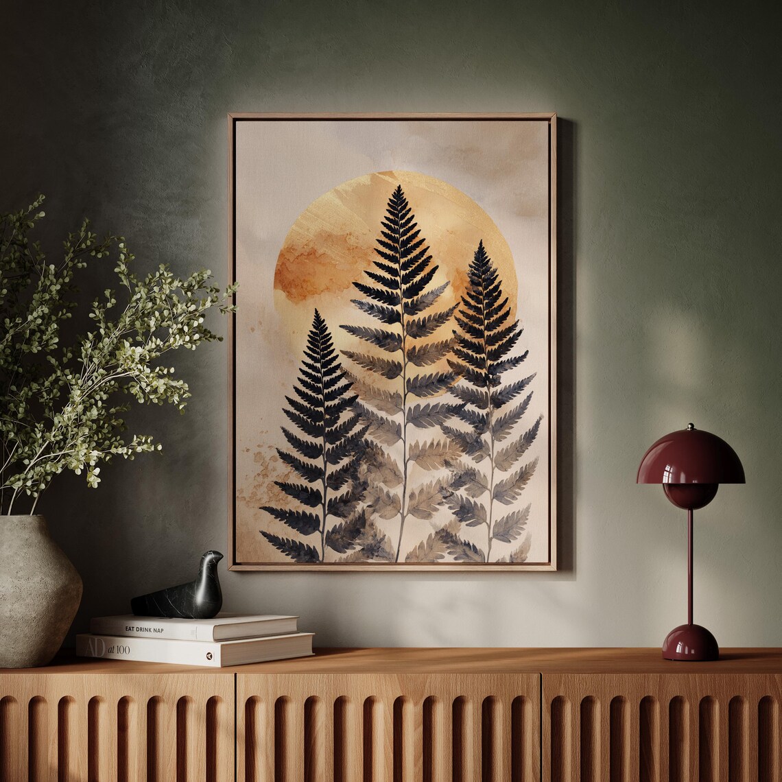Golden Sun Fern Botanical Watercolor Dark Leaf Circle Art Poster