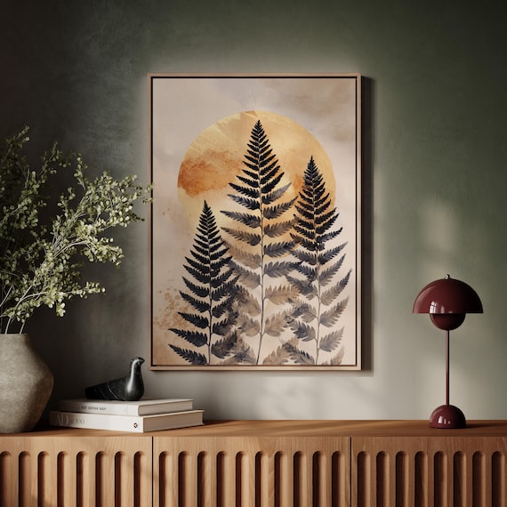 Golden Sun Fern Botanical Watercolor Dark Leaf Circle Art Poster