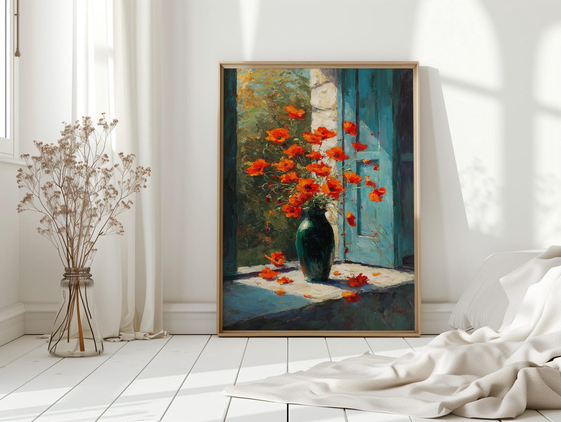 Red Poppies in Green Vase by Blue Shuttered Window Oil Painting Poster