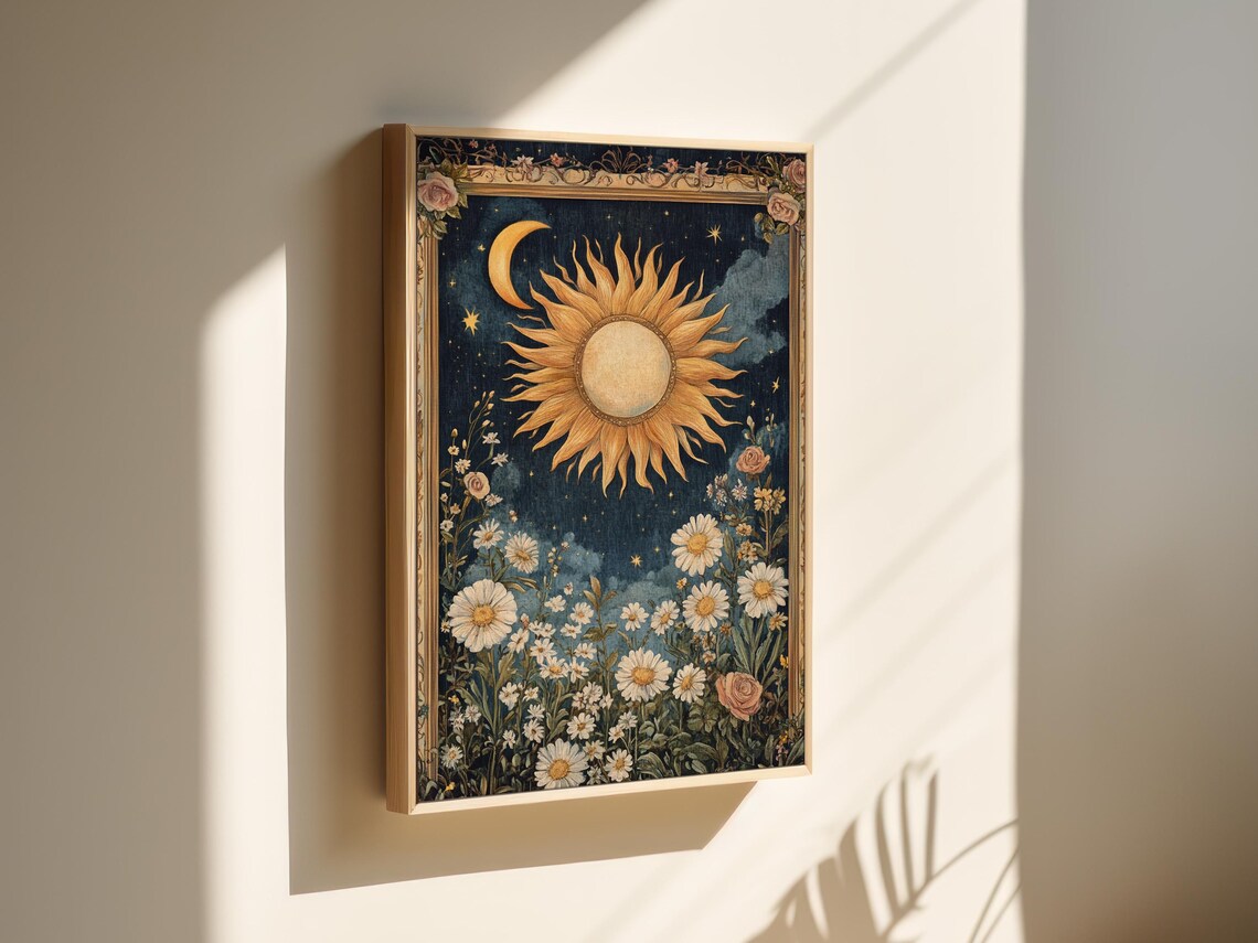 Vintage Sun And Moon Floral With Daisies And Roses Night Poster - Image 7