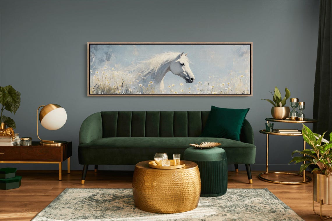 White Horse Daisy Field Profile Serene Equine Panorama Poster - Image 6