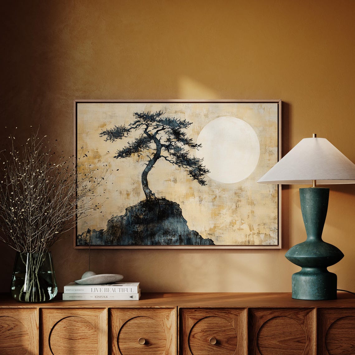 Japanese Ink Pine Tree Golden Full Moon Rock Zen Wall Poster - Image 3