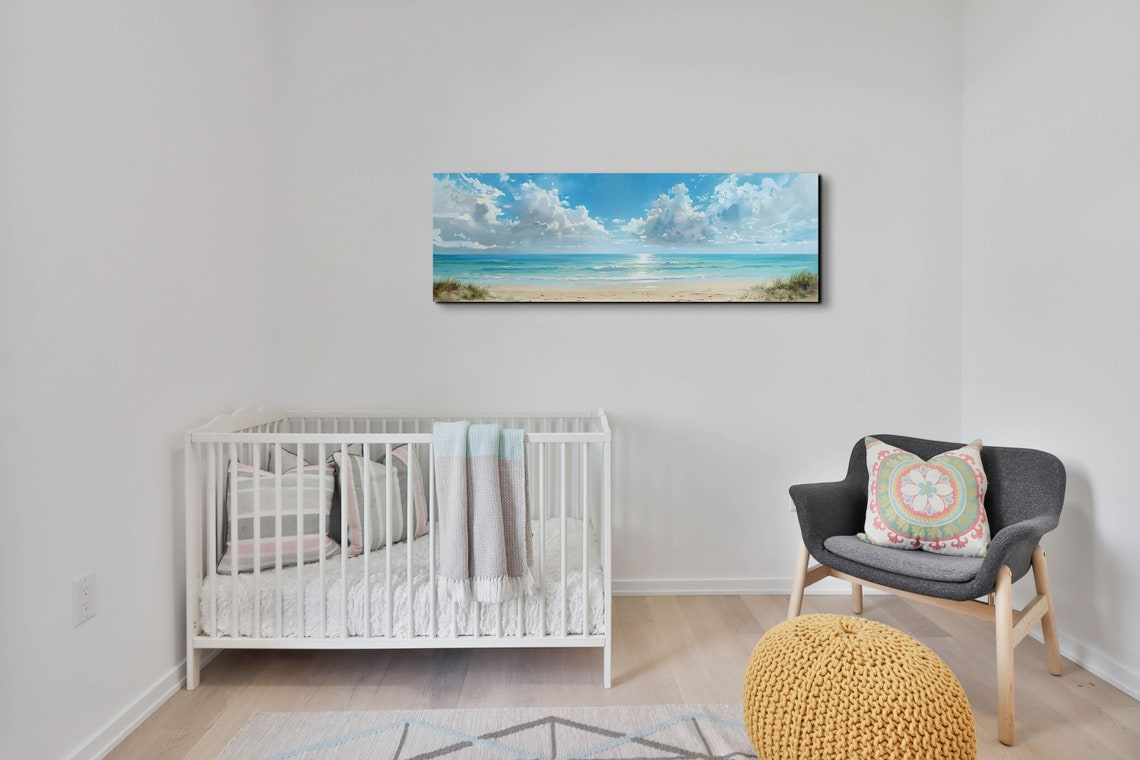 Peaceful Serene Coastal Beach Painting with White Clouds Poster - Image 4