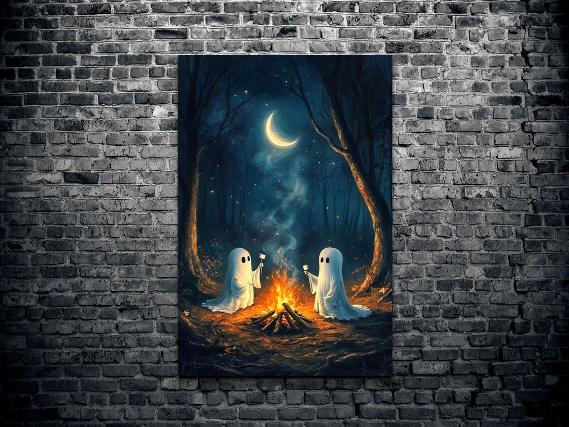 Ghosts Roasting Marshmallows by a Campfire Under a Crescent Moon Poster - Image 2