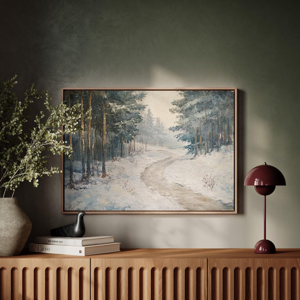 Snowy Forest Pathway Winter Landscape Rustic Vintage Painting Poster - Image 4