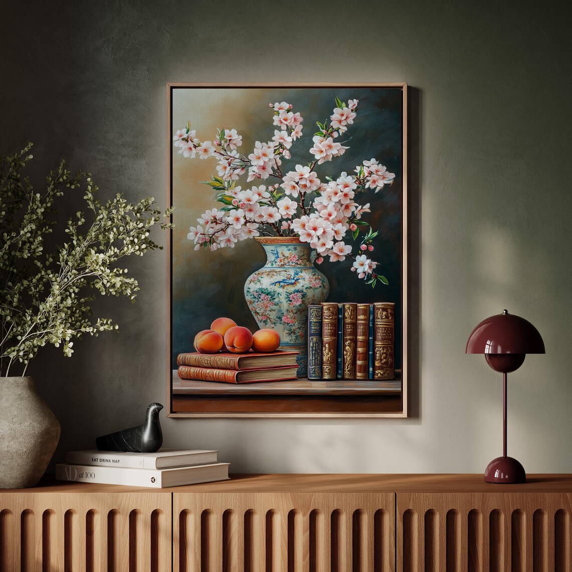 Cherry Blossom Vase Still Life Peaches Vintage Books Oil Art Poster - Image 7