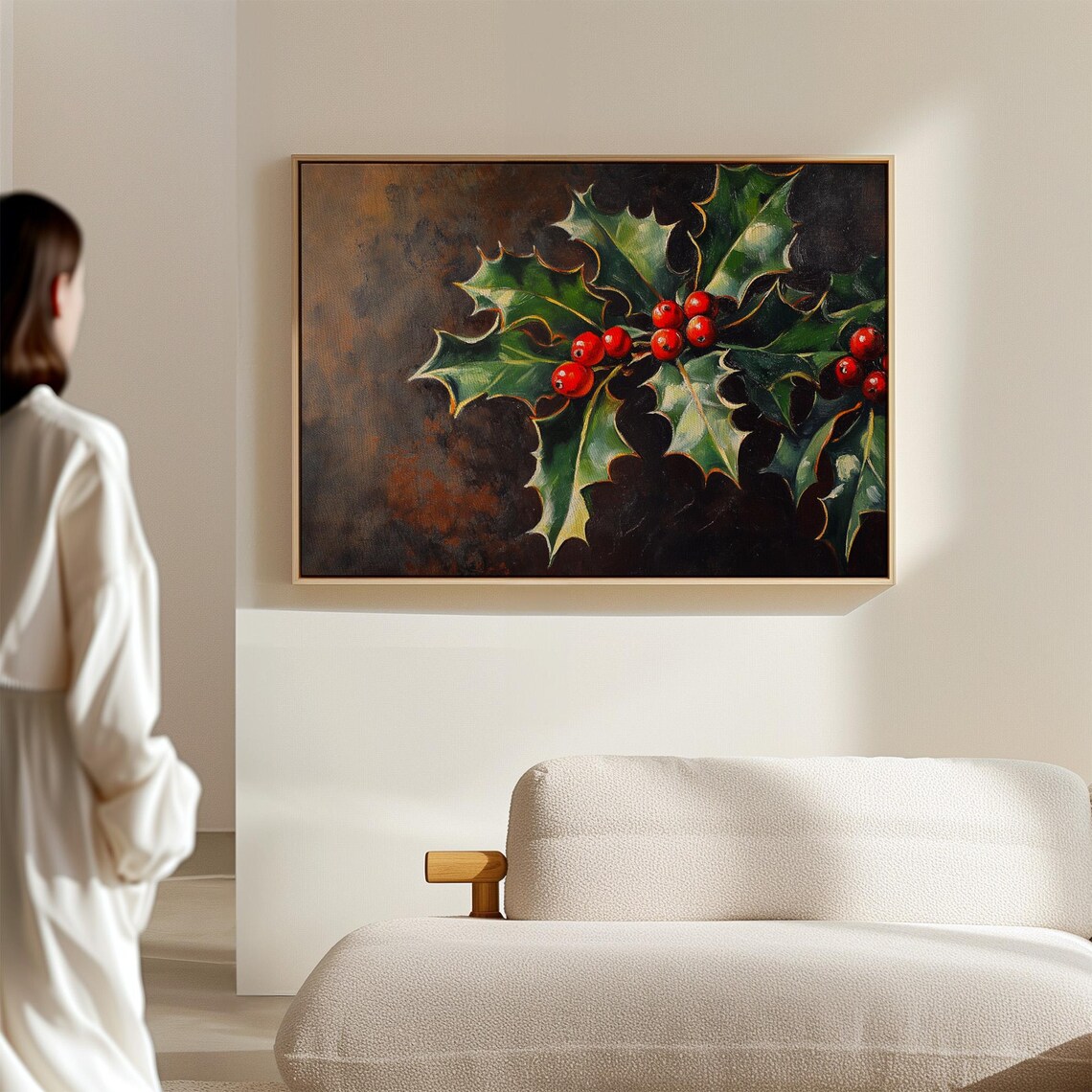 Holly Leaves And Red Berries Dark Oil Painting Christmas Wall Art - Image 5