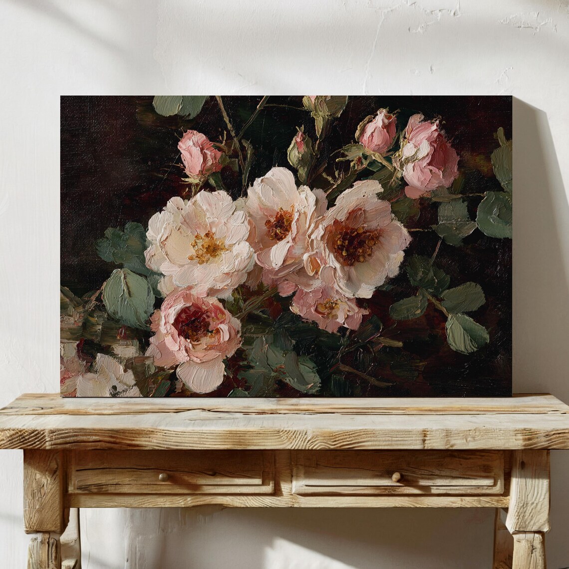 Vintage Pink Roses Oil Painting Romantic Floral Bouquet Art Poster