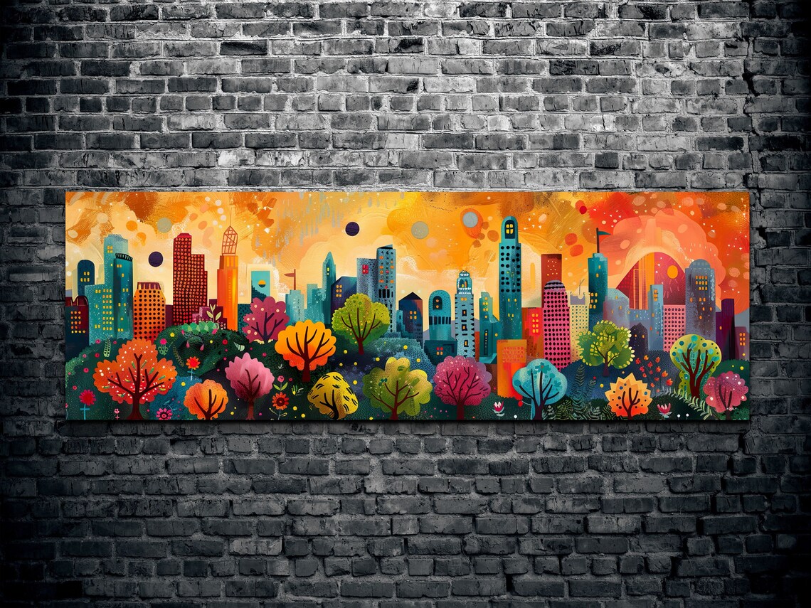 Whimsical City Skyline Sunset Colorful Trees Urban Panoramic Wall Art - Image 2