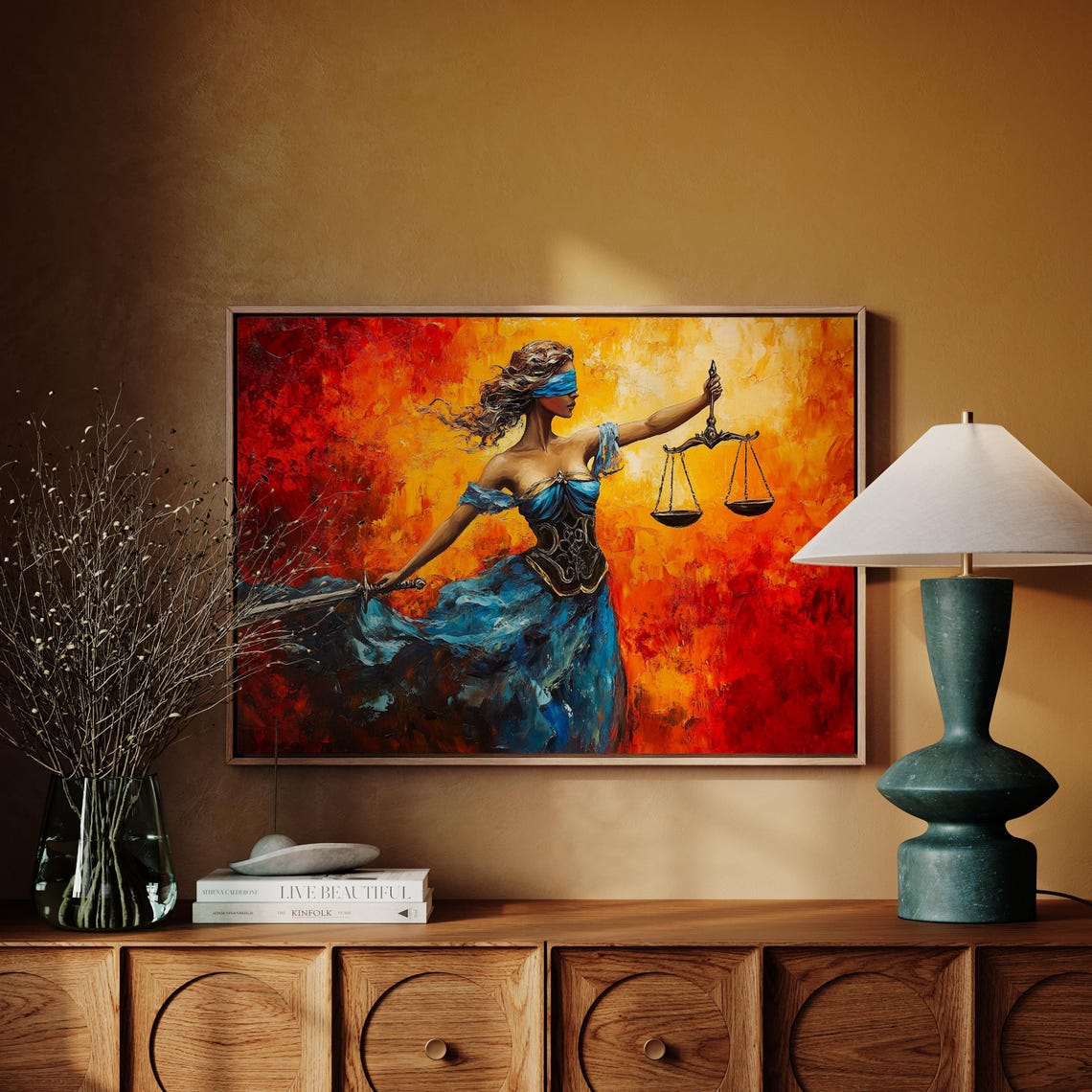 Lady Justice Scales Of Law Blue Gown Dramatic Red Artwork Poster - Image 3