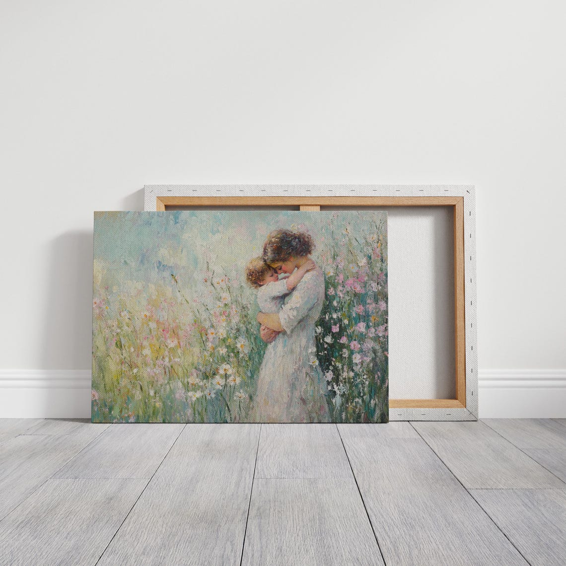 Mother And Child Hugging In Floral Field Art Impressionist Wall Decor Vintage Painting Of Motherhood And Natures Beauty - Image 3