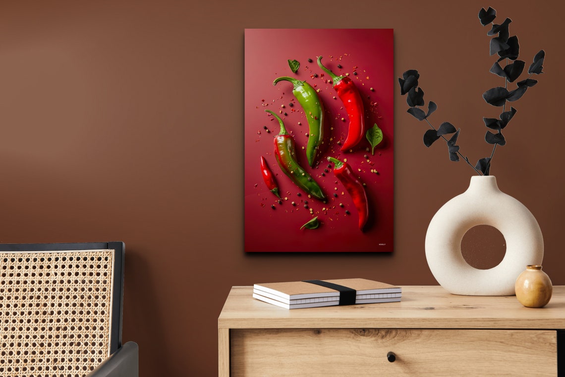 Red Green Chili Peppers On Crimson Spices Still Life Kitchen Wall Art - Image 7