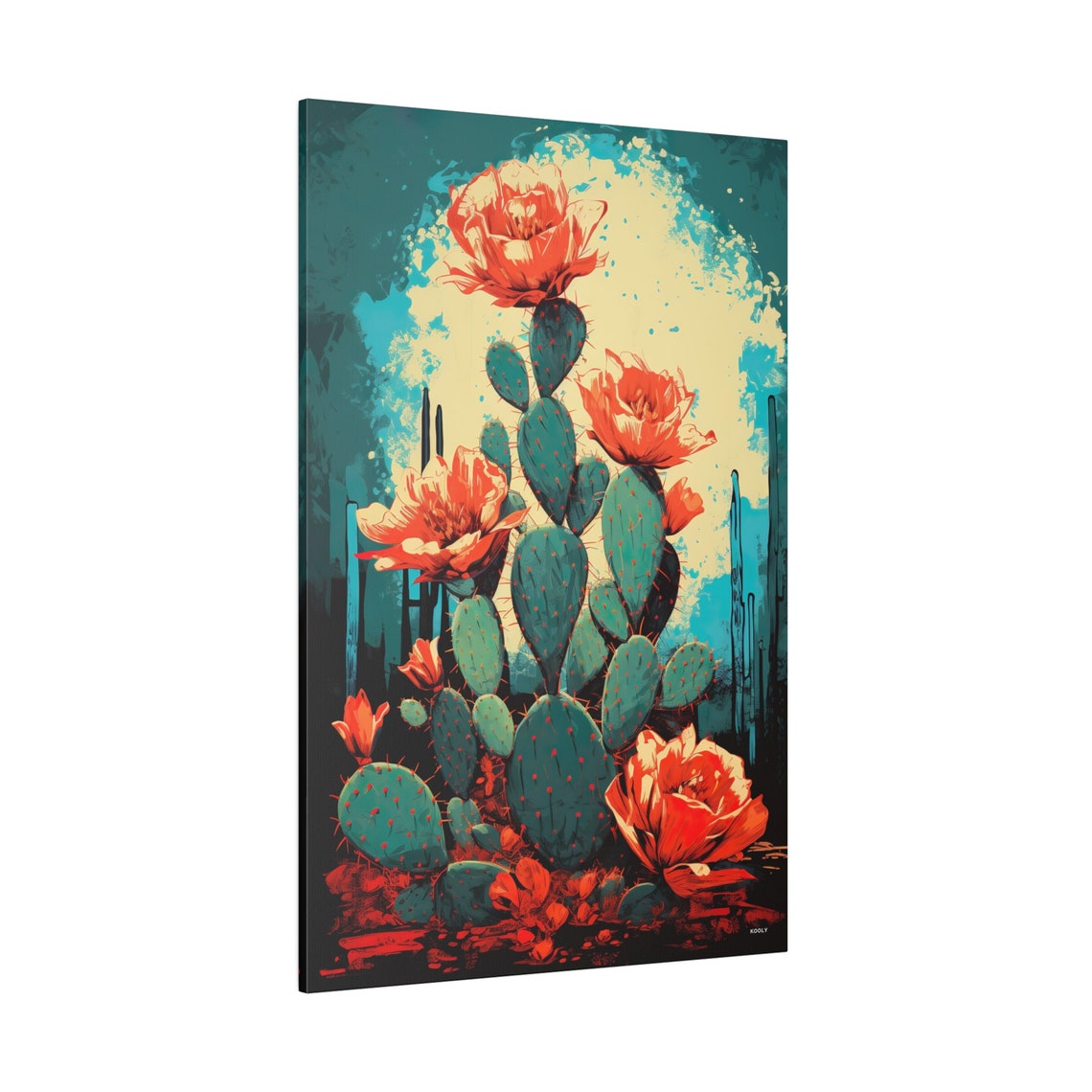 Blooming Cactus Red Flowers Teal Pop Art Desert Botanical Poster - Image 2