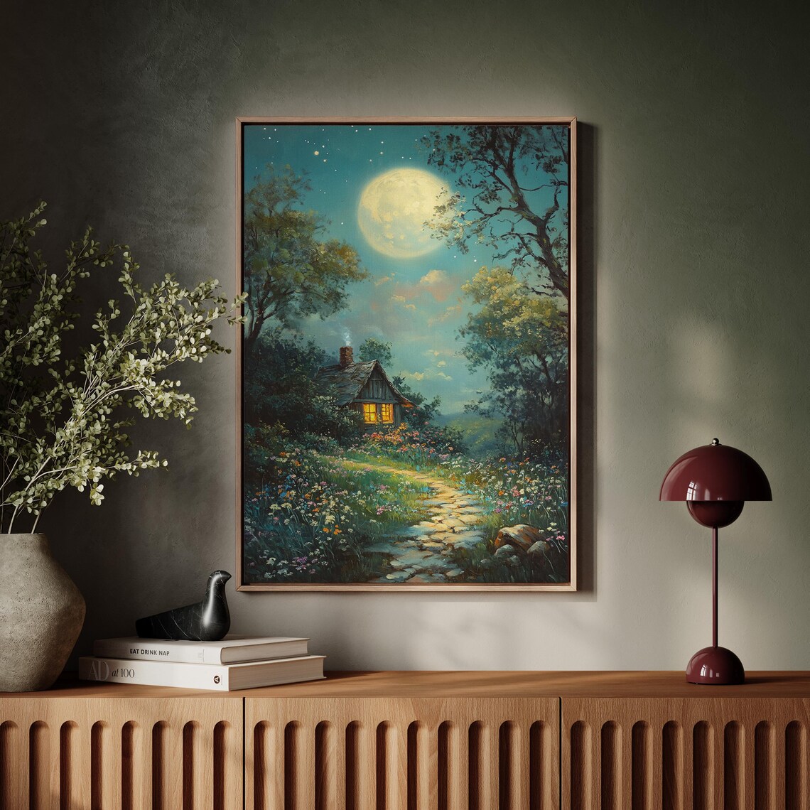Woodland Cottage Full Moon Stone Path Meadow Flowers Night Poster - Image 7