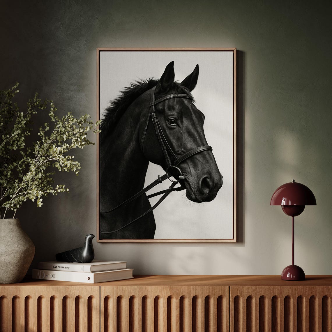 Black Horse Portrait Elegant Bridle Minimalist Equine Poster