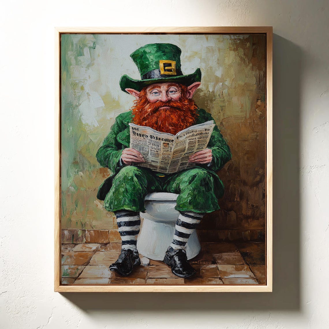 Funny Leprechaun Reading Newspaper on Toilet Bathroom Poster