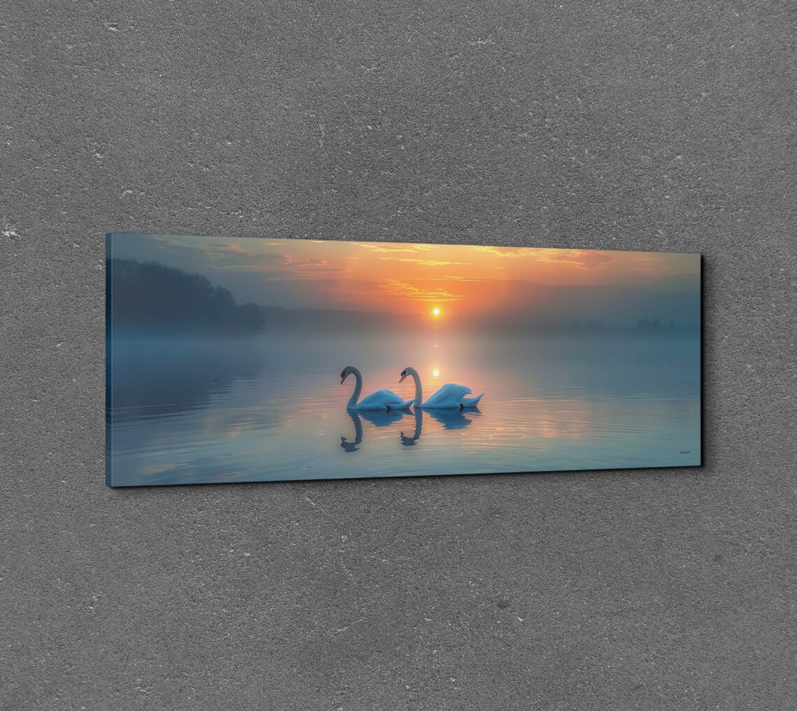 Swan Couple Misty Lake Sunrise Romantic Birds Panoramic Wall Art - Image 7