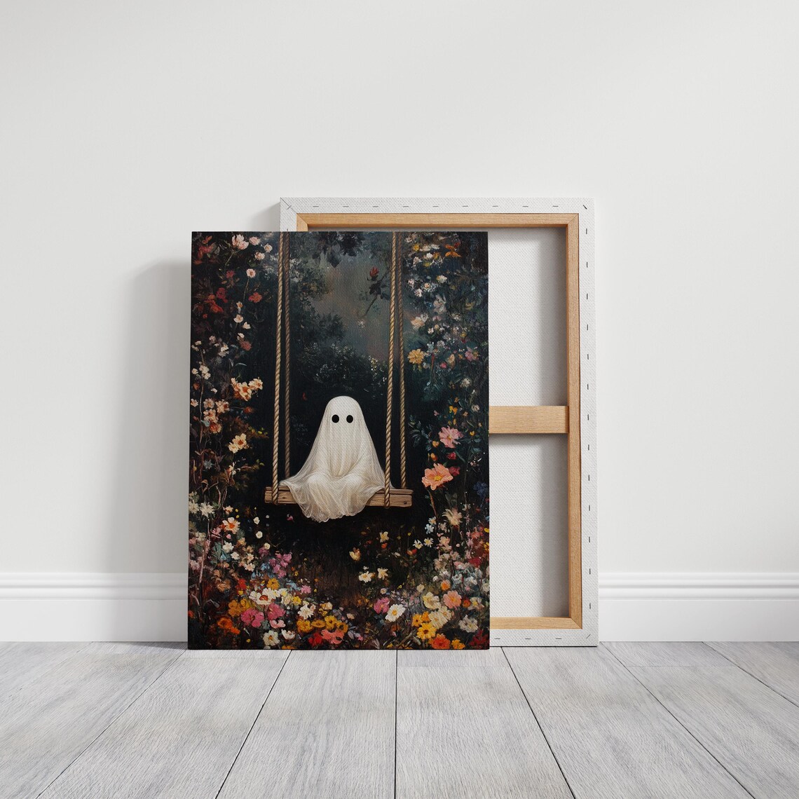 Whimsical Ghost On Swing In Vibrant Flower Garden Dreamy Halloween Wall Poster - Image 2