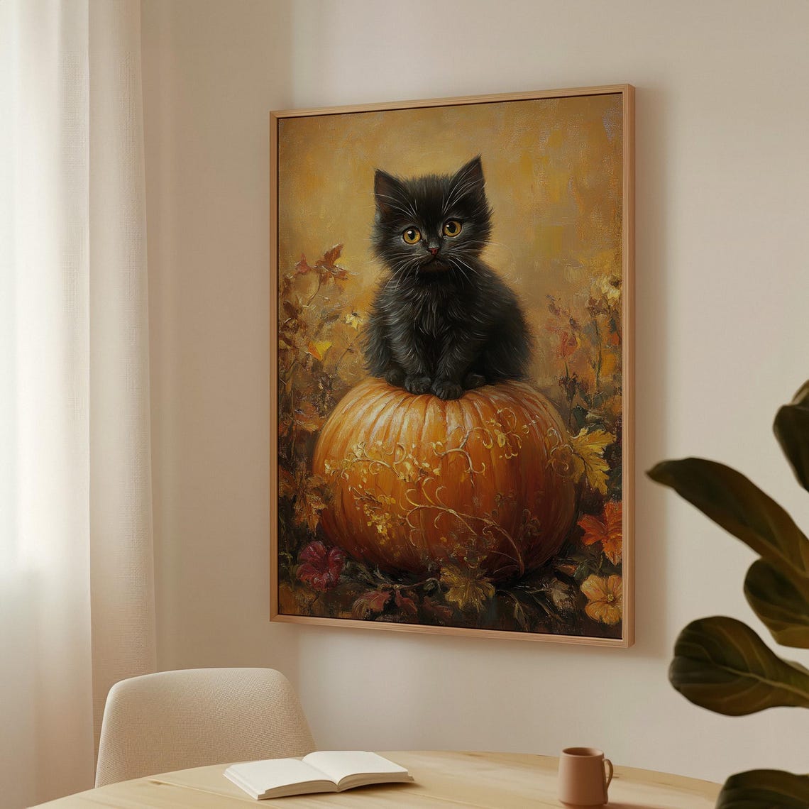 Adorable Black Kitten On Pumpkin Autumn Fall Cozy Cat Wall Art - Image 2
