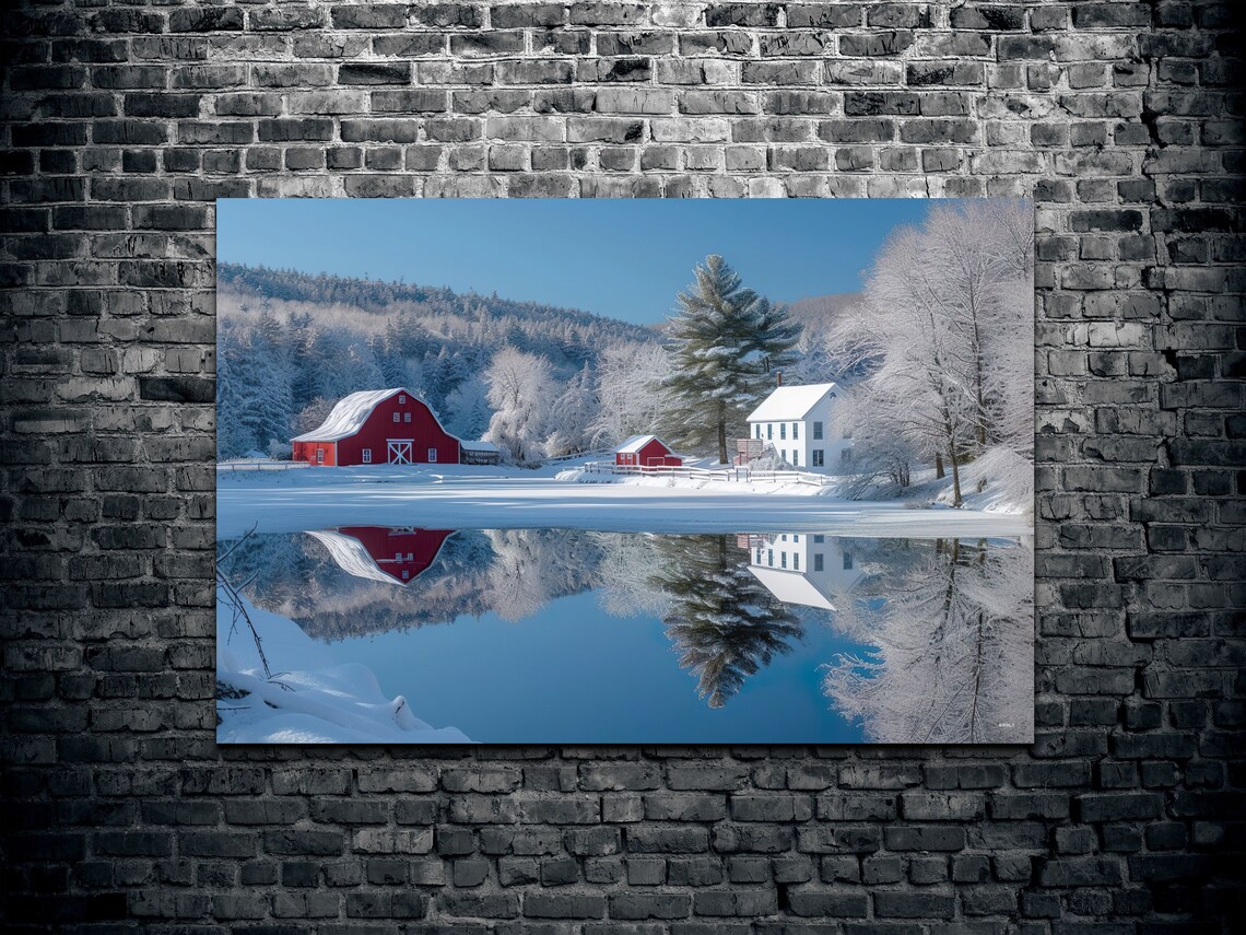 Cozy Winter Red Barn Farmhouse on Frozen Lake Reflection Poster - Image 2
