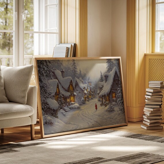 Snowy Cottage Lane Glowing Windows Cozy Winter Village Art Poster