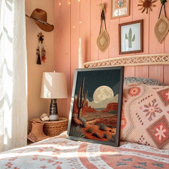 Desert Canyon Moonrise Red Rock Saguaro Cactus Starry Night Poster