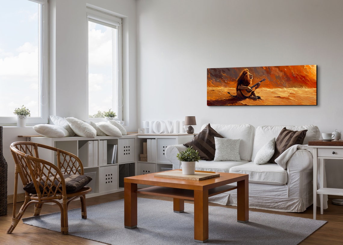 Lion Strumming Guitar In Blazing Orange Desert Sunset Panoramic Poster - Image 4