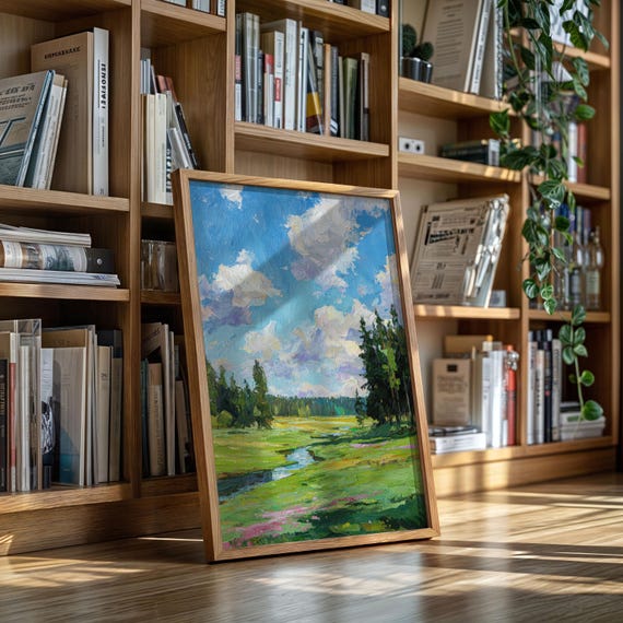 Impressionist Meadow Canvas Wall Art Vibrant Landscape With Clouds Green Fields And Trees Colorful Nature Oil Painting Style Dcor