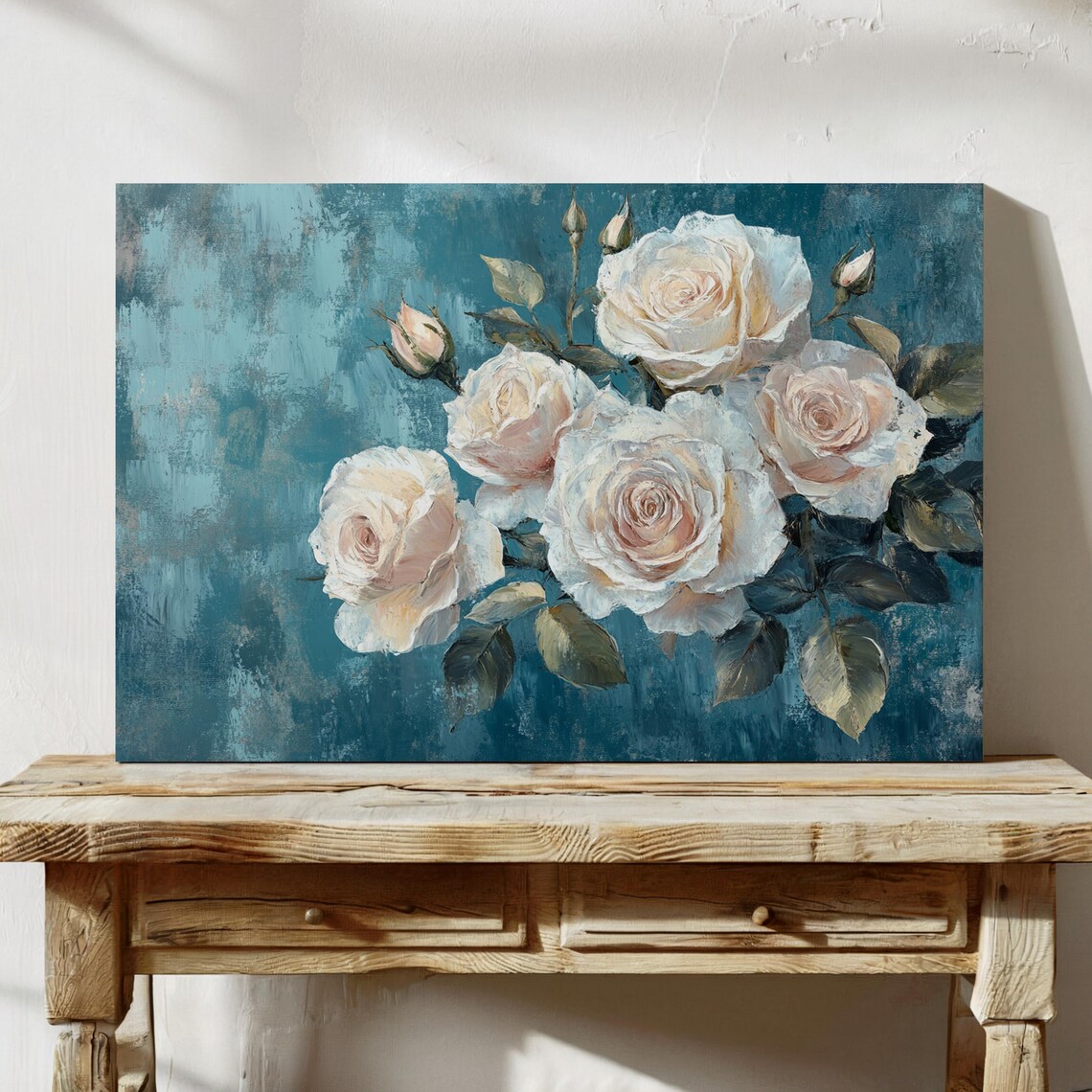 Elegant Cream Roses Teal Blue Vintage Floral Bouquet Wall Art - Image 7