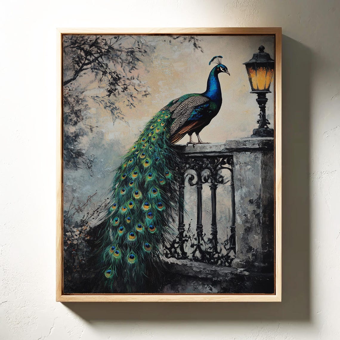 Elegant Peacock On Stone Ledge Beside Antique Lamp Art Poster - Image 4