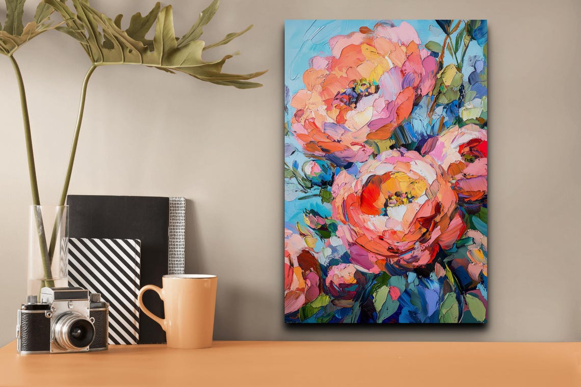 Pink Orange Peony Blooms Impasto Oil Style Floral Canvas Poster - Image 3