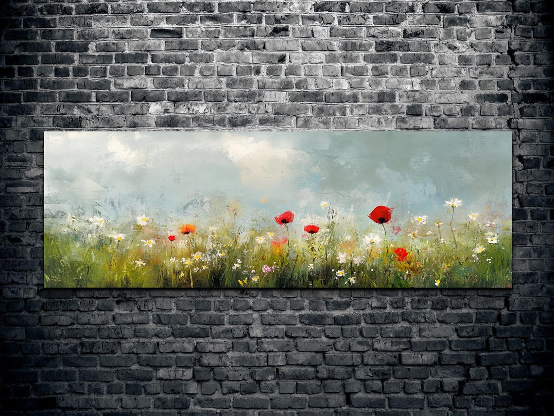 Wildflower Meadow Poppies Daisies Hazy Sky Panoramic Art Poster - Image 2