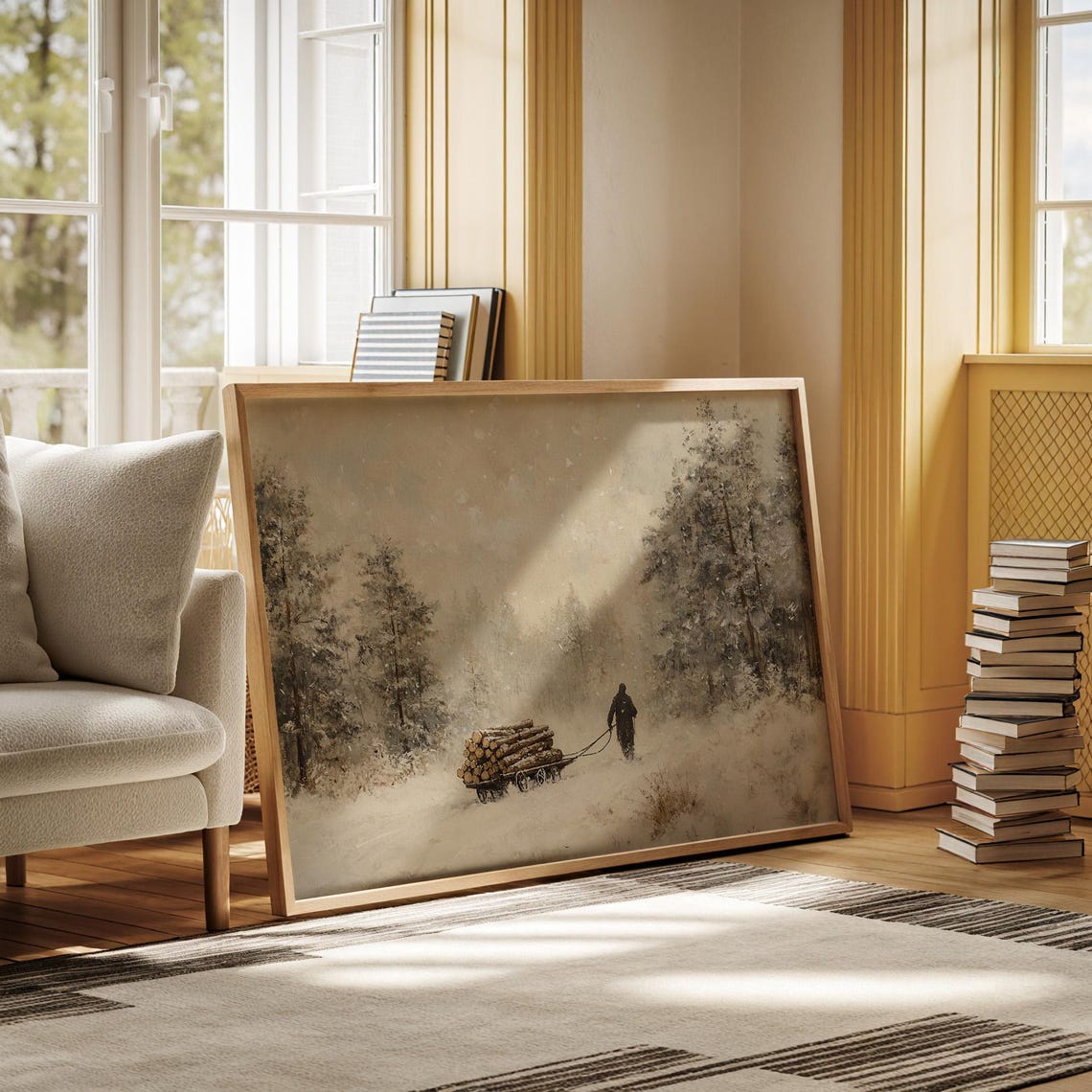 Lone Woodsman Pulling a Log Sled Through Deep Winter Snow Poster - Image 6