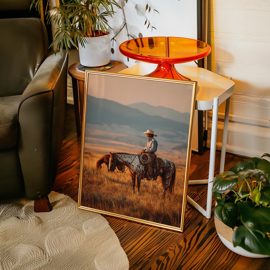 Cowboy On Horseback Sunset Prairie Golden Hour Western Ranch Photo Poster