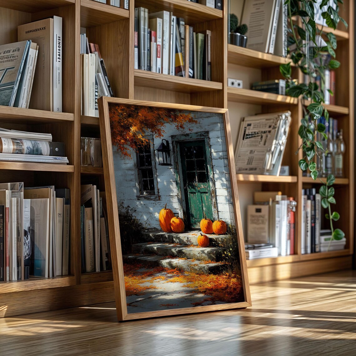 Pumpkins on Farmhouse Porch Steps Autumn Harvest Painting Print