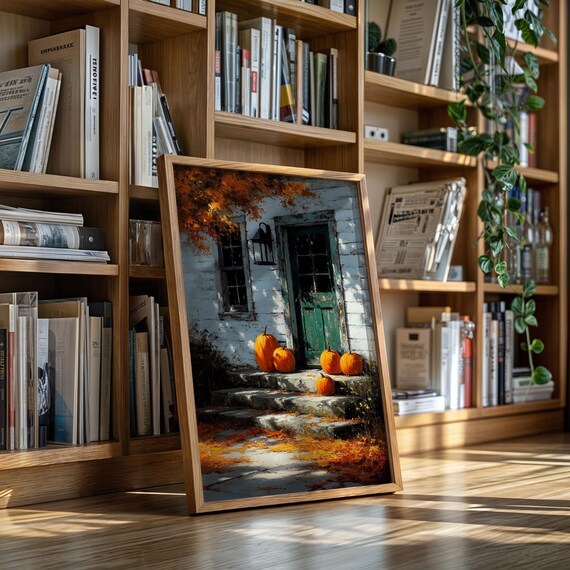 Pumpkins on Farmhouse Porch Steps Autumn Harvest Painting Print