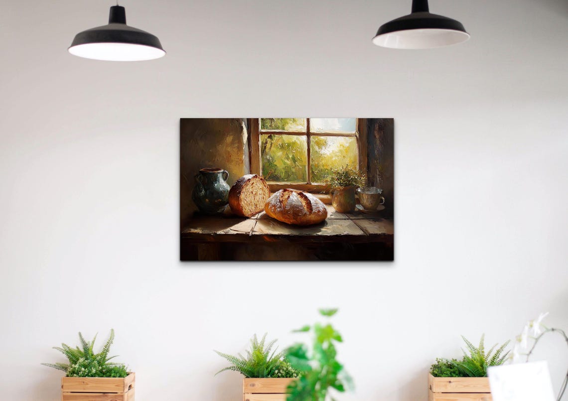 Rustic Bread Loaves Sunlit Window Still Life Oil Painting Poster - Image 6