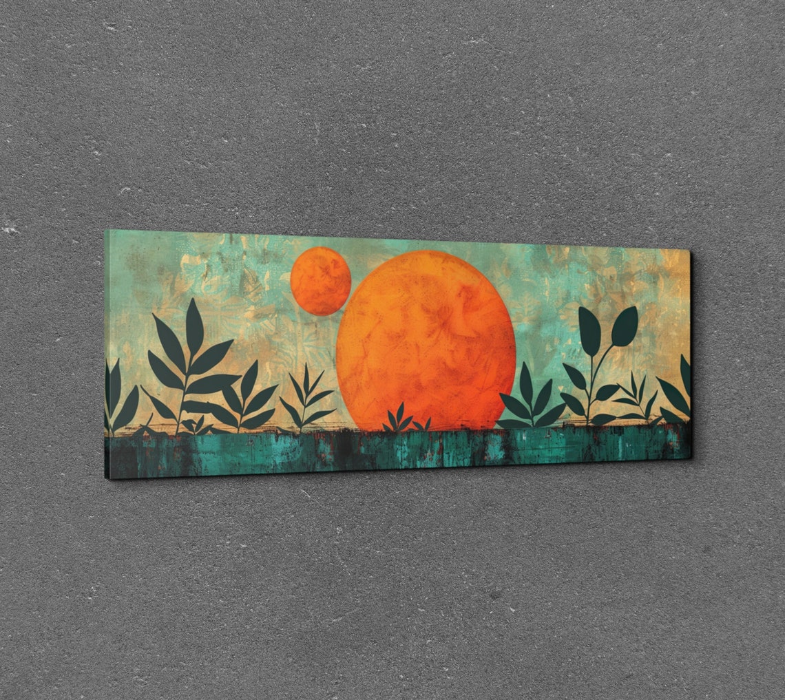 Twin Orange Suns Botanical Silhouette Teal Mid Century Modern Wall Art - Image 3