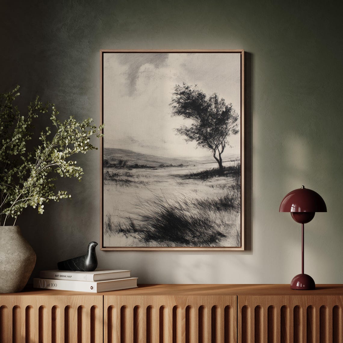 Windblown Tree Open Field Charcoal Sketch Landscape Art Poster