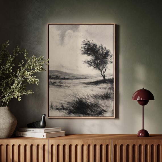 Windblown Tree In Open Field Drawing