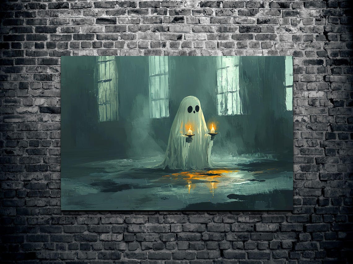 Cute Ghost Holding Two Lit Candles in a Dark Misty Gothic Hall Poster - Image 2