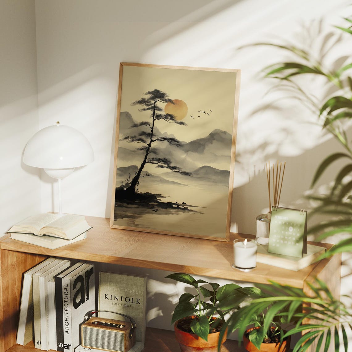 Japanese Ink Wash Pine Tree by a Misty Lake Sunset Art Poster