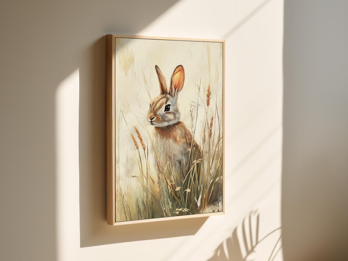 Golden Bunny Among Wheat Stalks in Warm Light Wildlife Painting Wall Art - Image 5