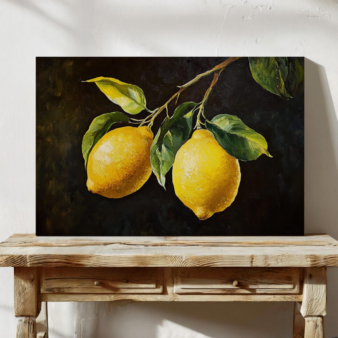 Two Yellow Lemons on Branch Against Dark Background Oil Poster - Image 5