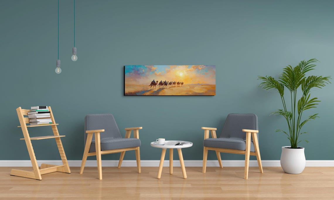Sunset Desert Camel Caravan Line Mountain Horizon Panoramic Poster - Image 5